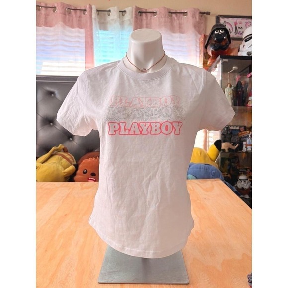 PLAYBOY Tops - Playboy Womens Pink Rhinestone Logo Graphic T-Shirt White XL #5